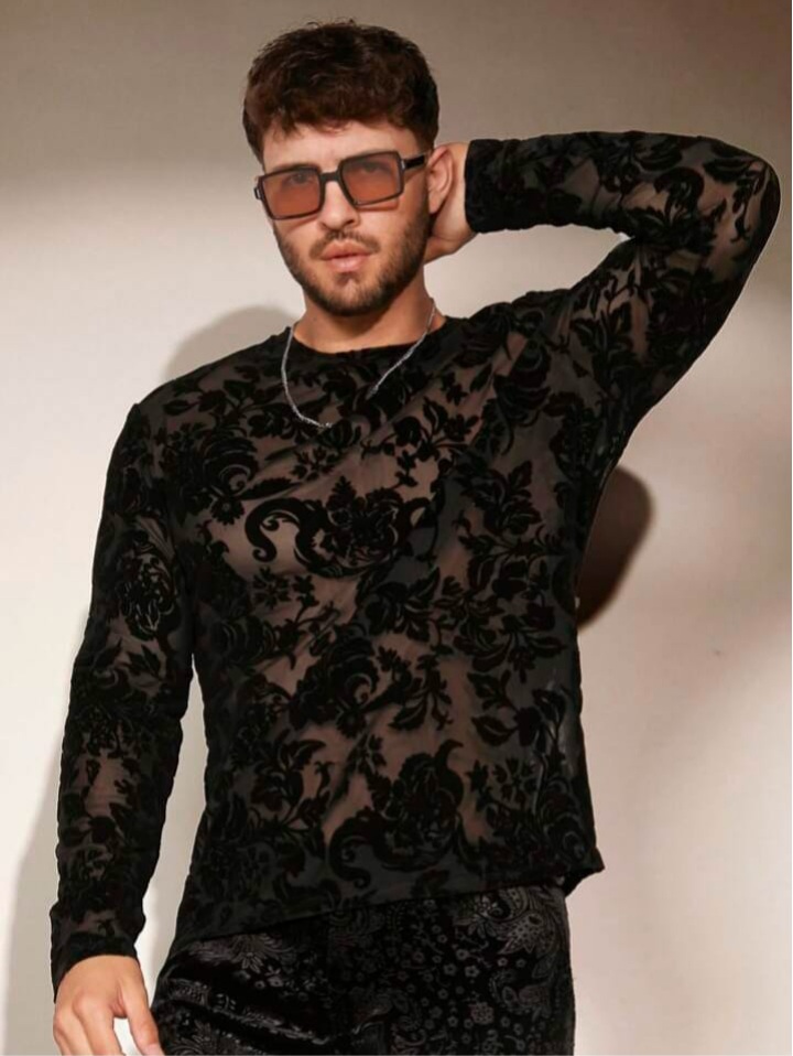 Men's Floral Print Sheer Mesh Long Sleeve T-Shirt
